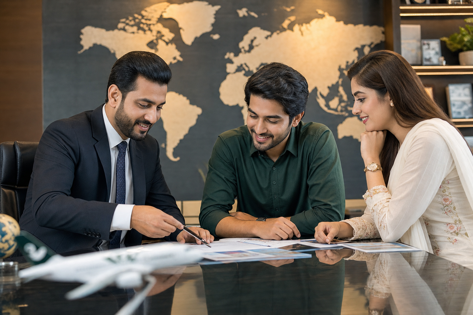 Travel consultant helping clients plan flights and visas in Pakistan
